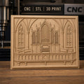Fichier CNC & impression 3D orgue d'église gothique, vitraux et banquettes sculptés, haute qualité relief STL