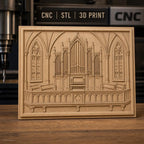 Fichier CNC & impression 3D orgue d'église gothique, vitraux et banquettes sculptés, haute qualité relief STL