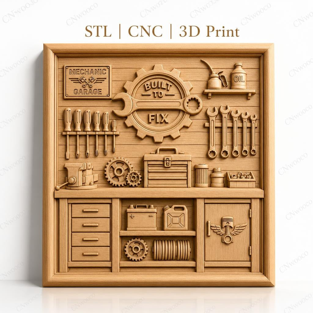 Fichier CNC & impression 3D garage de mécanicien, outils mécaniques, boîte à outils, clés, haute qualité relief STL