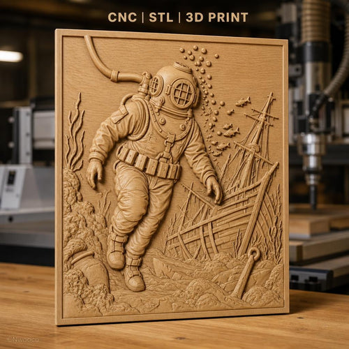 Fichier CNC & impression 3D plongeur en scaphandre, épave de bateau et poissons, haute qualité relief STL