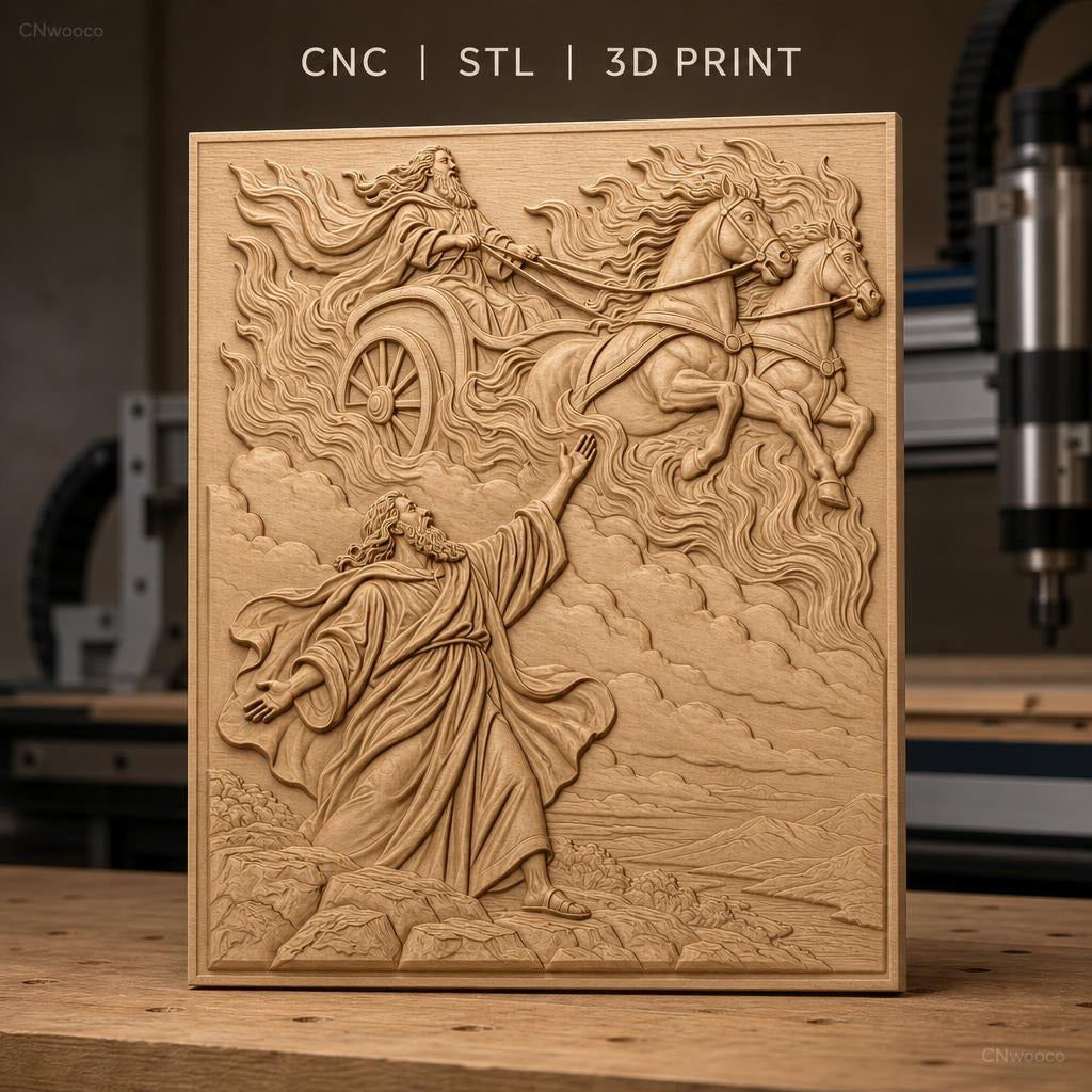 Fichier CNC & impression 3D scène biblique, prophète et char céleste avec chevaux, haute qualité relief STL