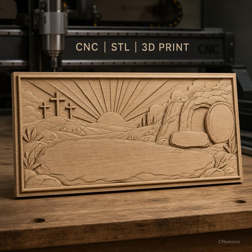 Fichier CNC & impression 3D scène de résurrection, tombeau vide, trois croix et lever de soleil, haute qualité relief STL