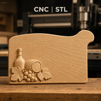 Fichier CNC plateau avec bouteille et raisins, bas-relief pour sculpture sur bois, STL