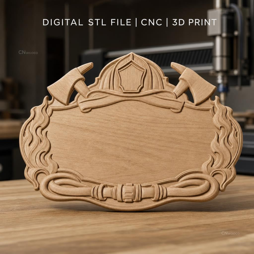 Fichier CNC & impression 3D plaque de pompier, casque, haches, flammes, STL très haute qualité