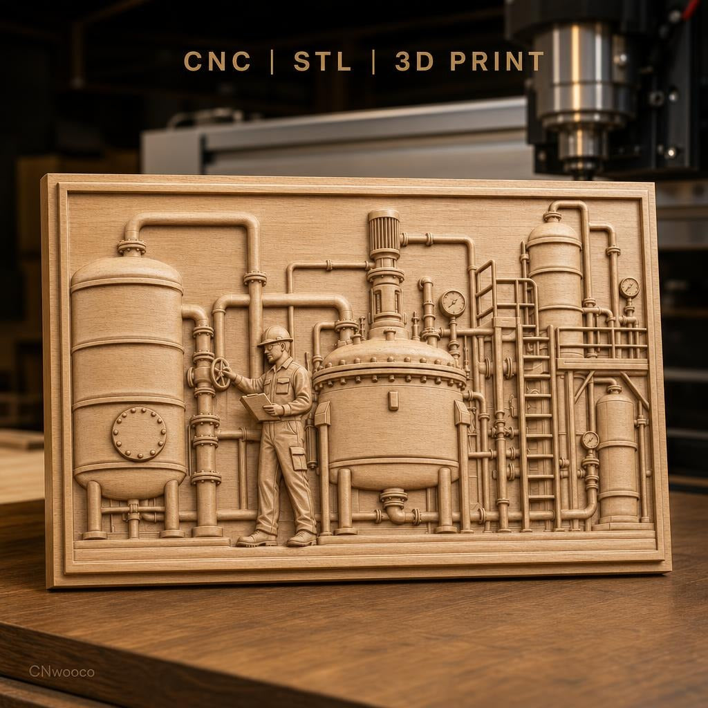 Fichier CNC & impression 3D industrie chimique, machine usine avec opérateur, haute qualité relief STL