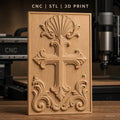Fichier CNC & impression 3D Croix décorative, motif coquillage et volutes, haute qualité relief STL