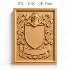 Fichier CNC & impression 3D blason médiéval, casque et ornements floraux, haute qualité relief STL