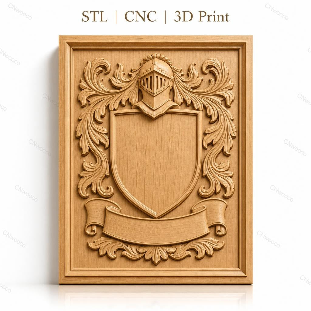 Fichier CNC & impression 3D blason médiéval, casque et ornements floraux, haute qualité relief STL