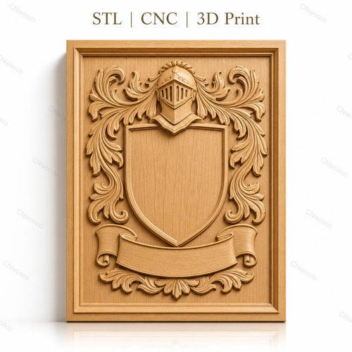 Fichier CNC & impression 3D blason médiéval, casque et ornements floraux, haute qualité relief STL