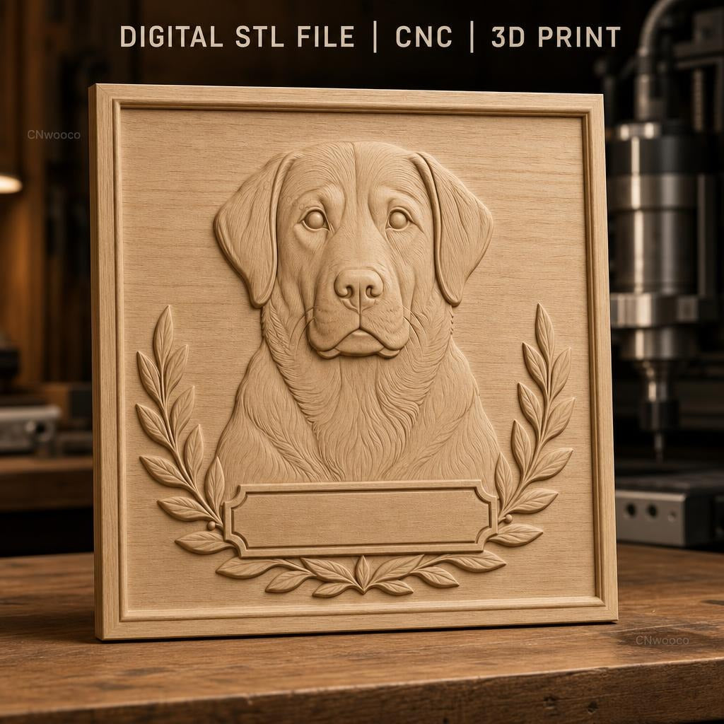 Fichier CNC & impression 3D chien labrador relief portrait, cadre feuille laurier, haute qualité relief STL