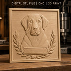 Fichier CNC & impression 3D chien labrador relief portrait, cadre feuille laurier, haute qualité relief STL