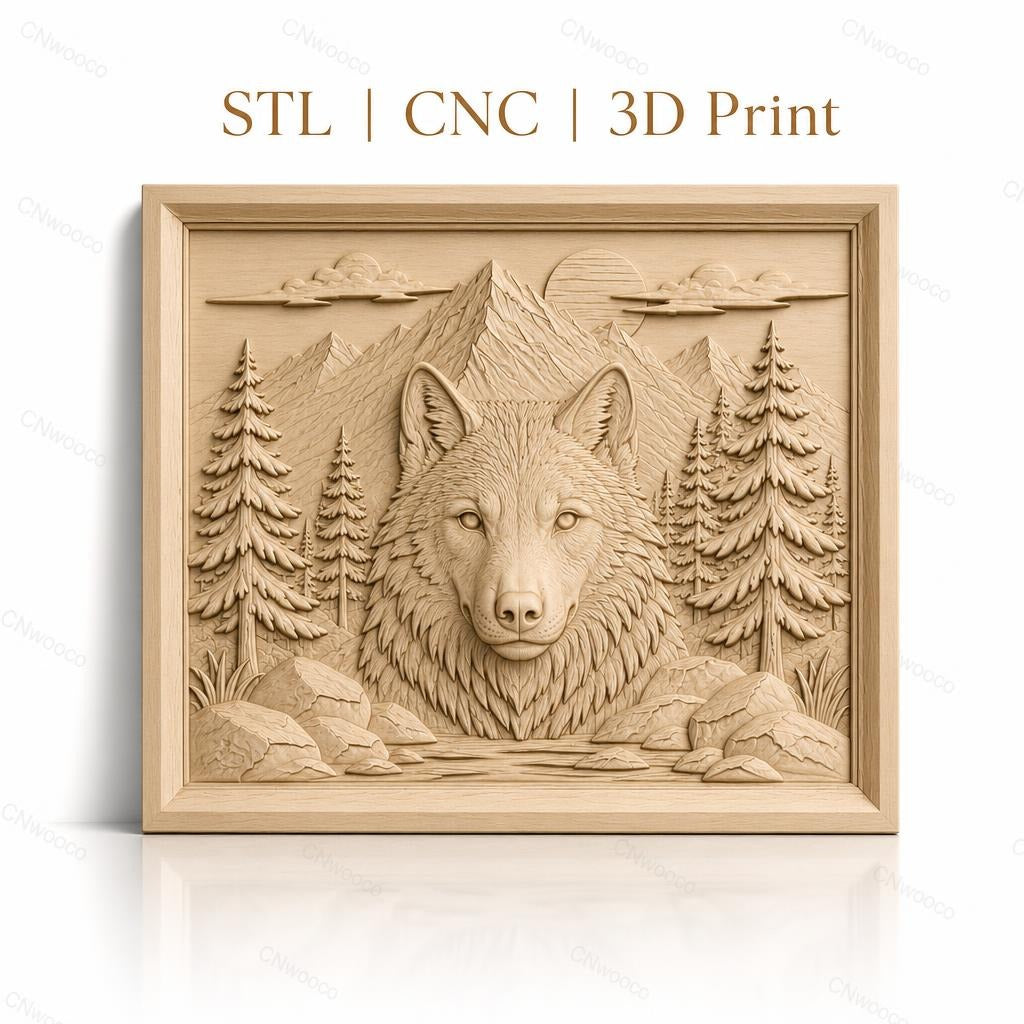 Fichier CNC & impression 3D loup montagne forêt rochers haute qualité relief STL