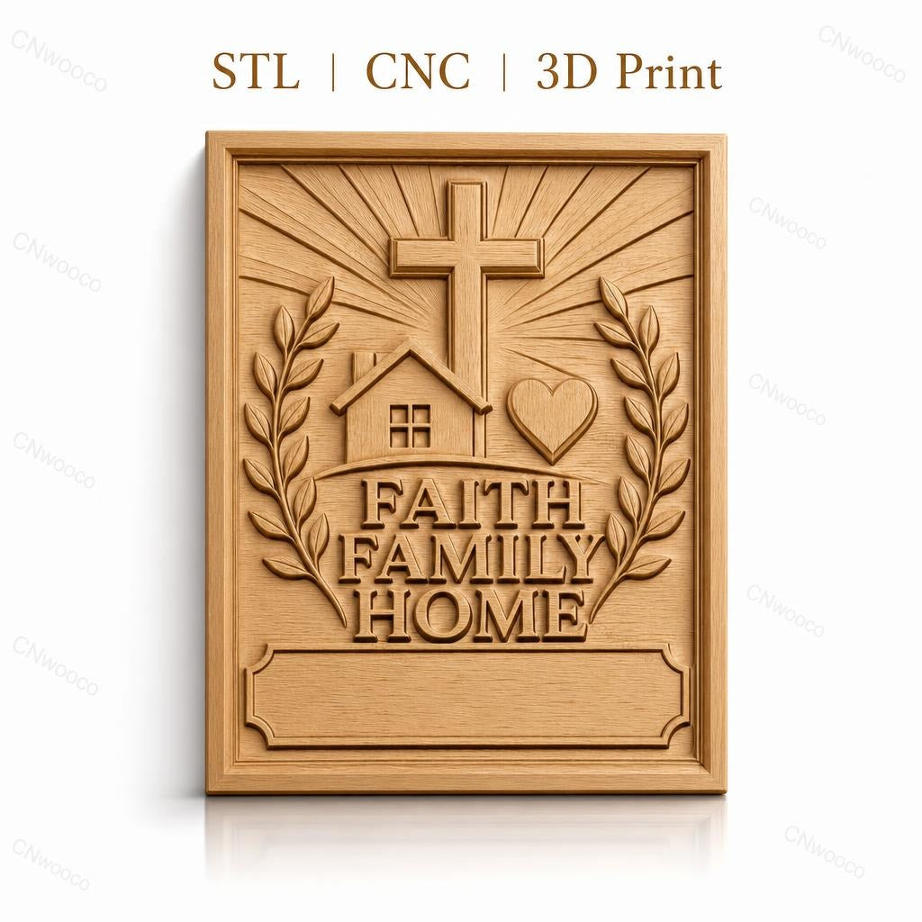 Fichier CNC & impression 3D foi, famille, maison avec croix et coeur, haute qualité relief STL