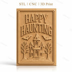 Fichier CNC & impression 3D Halloween maison hantée, chauves-souris, arbres, texte Happy Haunting, haute qualité relief STL