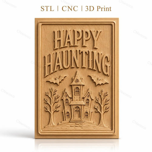Fichier CNC & impression 3D Halloween maison hantée, chauves-souris, arbres, texte Happy Haunting, haute qualité relief STL