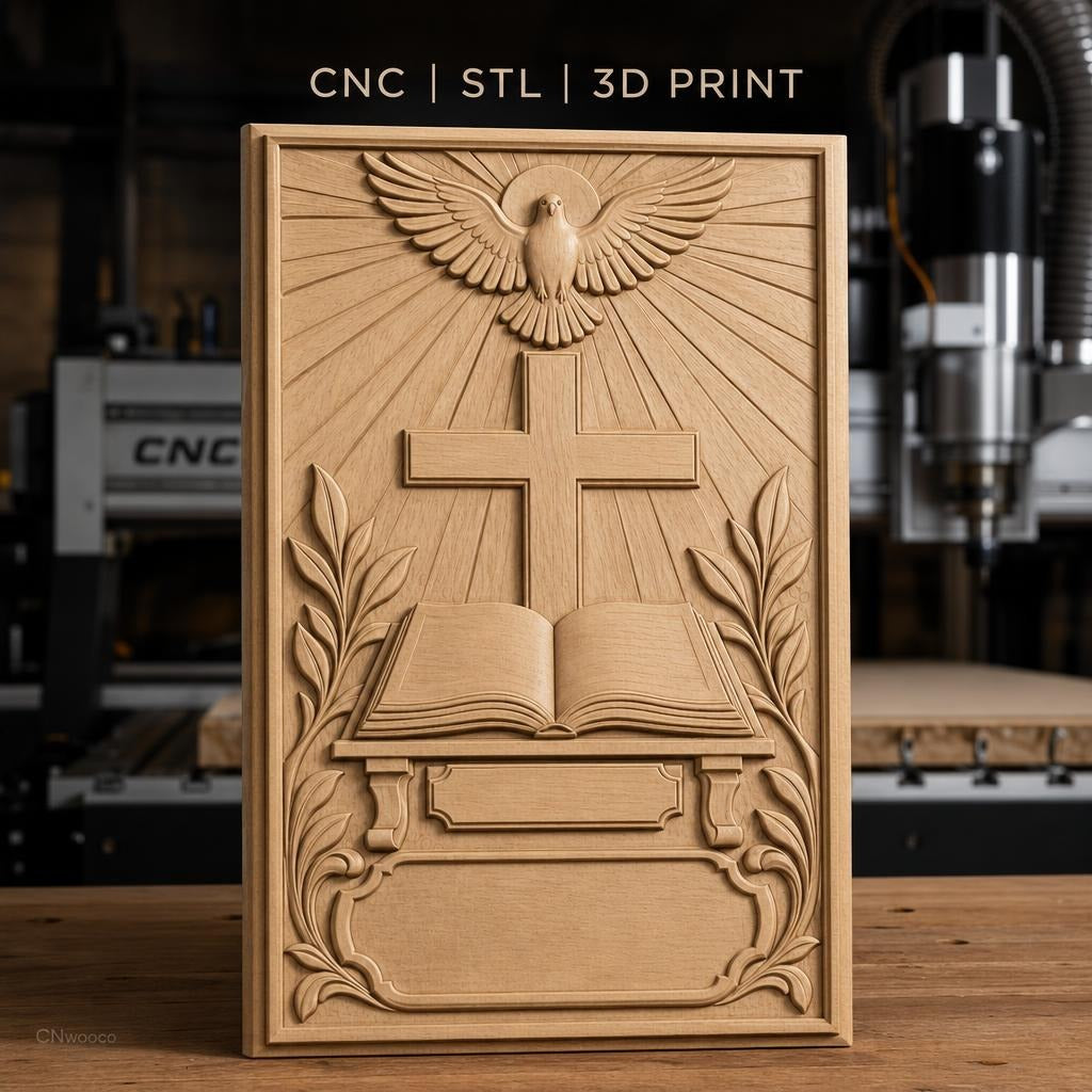 Fichier CNC & impression 3D religieux, Croix, colombe, Bible, haute qualité relief STL