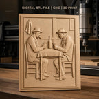 Fichier CNC & impression 3D joueurs de cartes au bistrot, table, chaises, bouteille, haute qualité relief STL