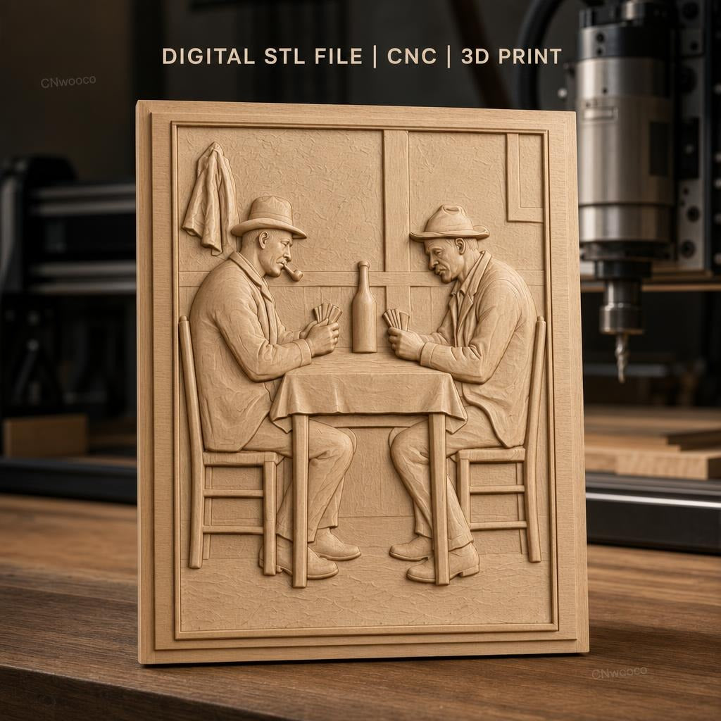 Fichier CNC & impression 3D joueurs de cartes au bistrot, table, chaises, bouteille, haute qualité relief STL