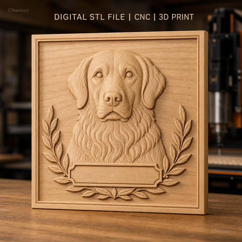 Fichier CNC & impression 3D chien golden retriever, relief portrait avec feuillage, haute qualité relief STL