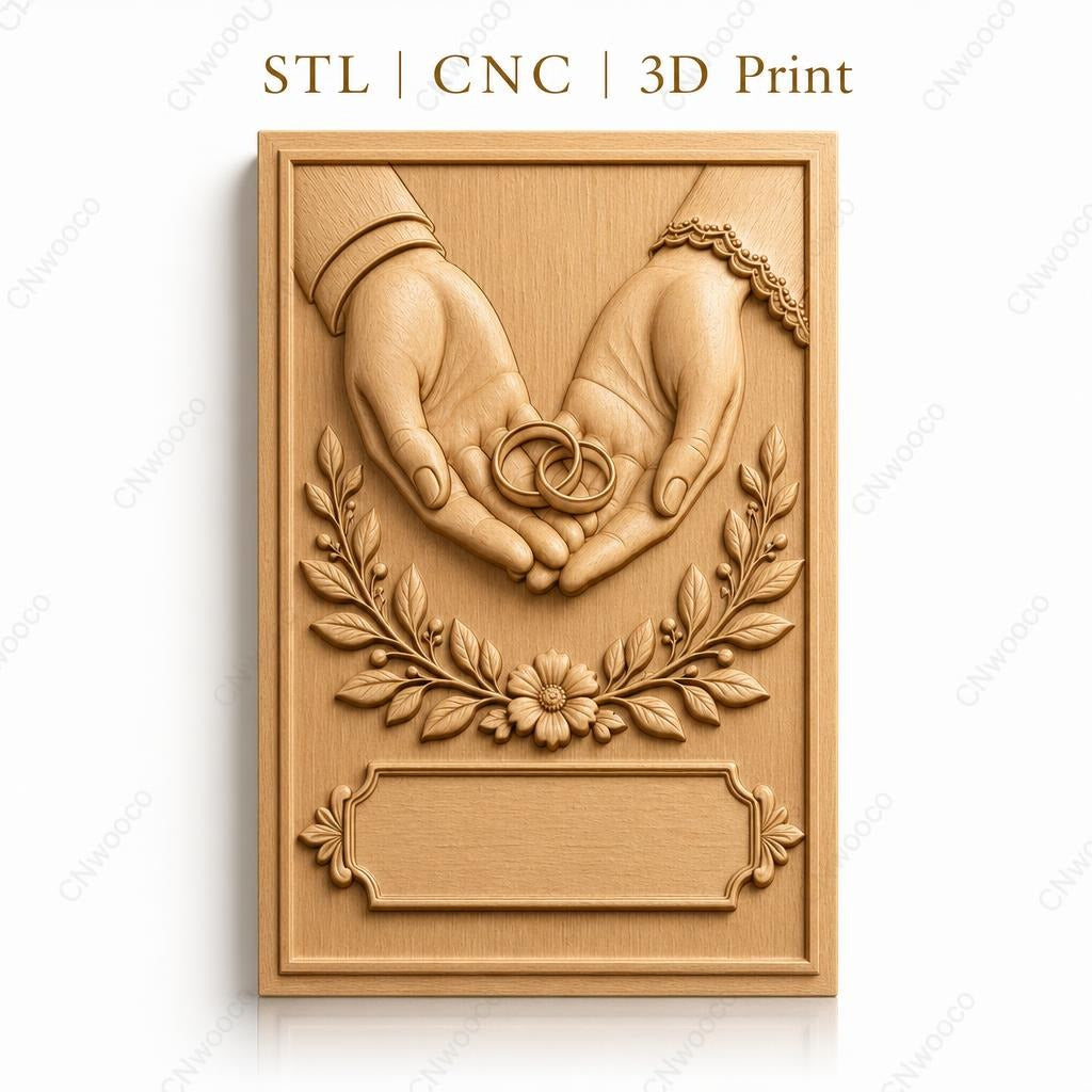 Fichier CNC & impression 3D alliance avec mains, fleurs et feuillages, haute qualité relief STL