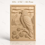 Fichier CNC & impression 3D aigle et paysage montagneux, forêt et rivière, haute qualité relief STL