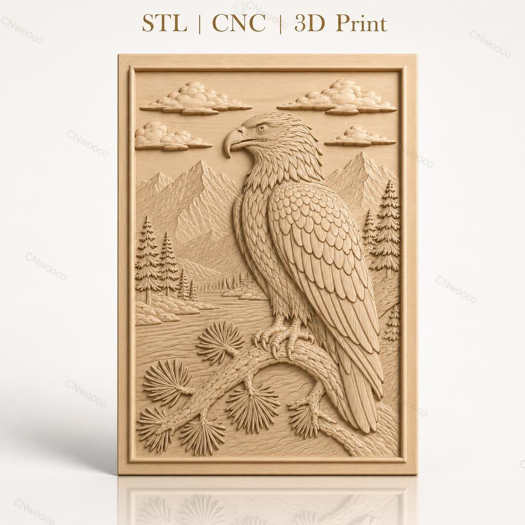 Fichier CNC & impression 3D aigle et paysage montagneux, forêt et rivière, haute qualité relief STL