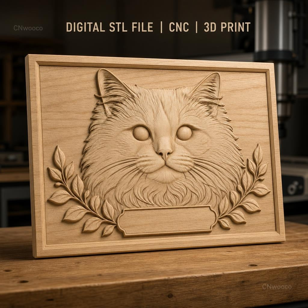 Fichier CNC & impression 3D chat long poil avec rameaux cadre haute qualité relief STL