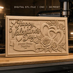 Fichier CNC & impression 3D Saint Valentin, roses, cœurs entrelacés, texte romantique, haute qualité relief STL