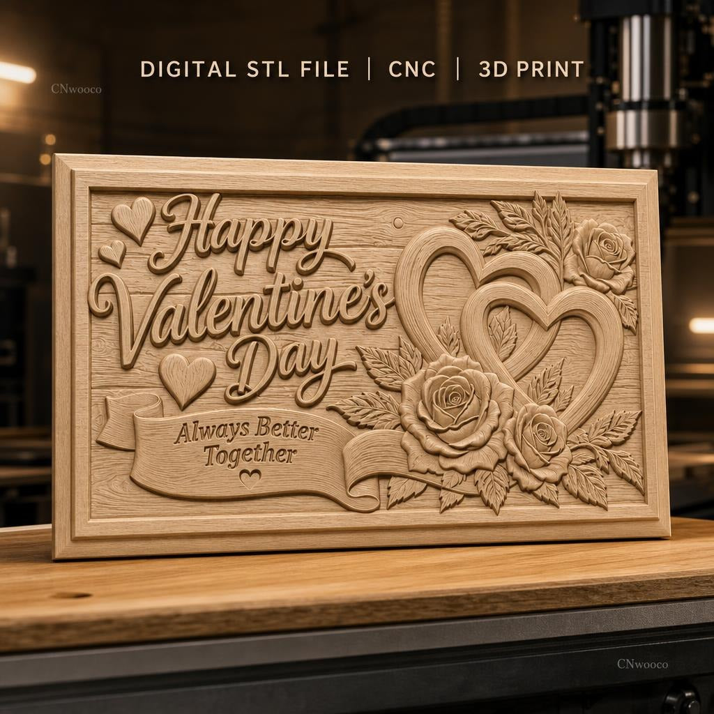 Fichier CNC & impression 3D Saint Valentin, roses, cœurs entrelacés, texte romantique, haute qualité relief STL