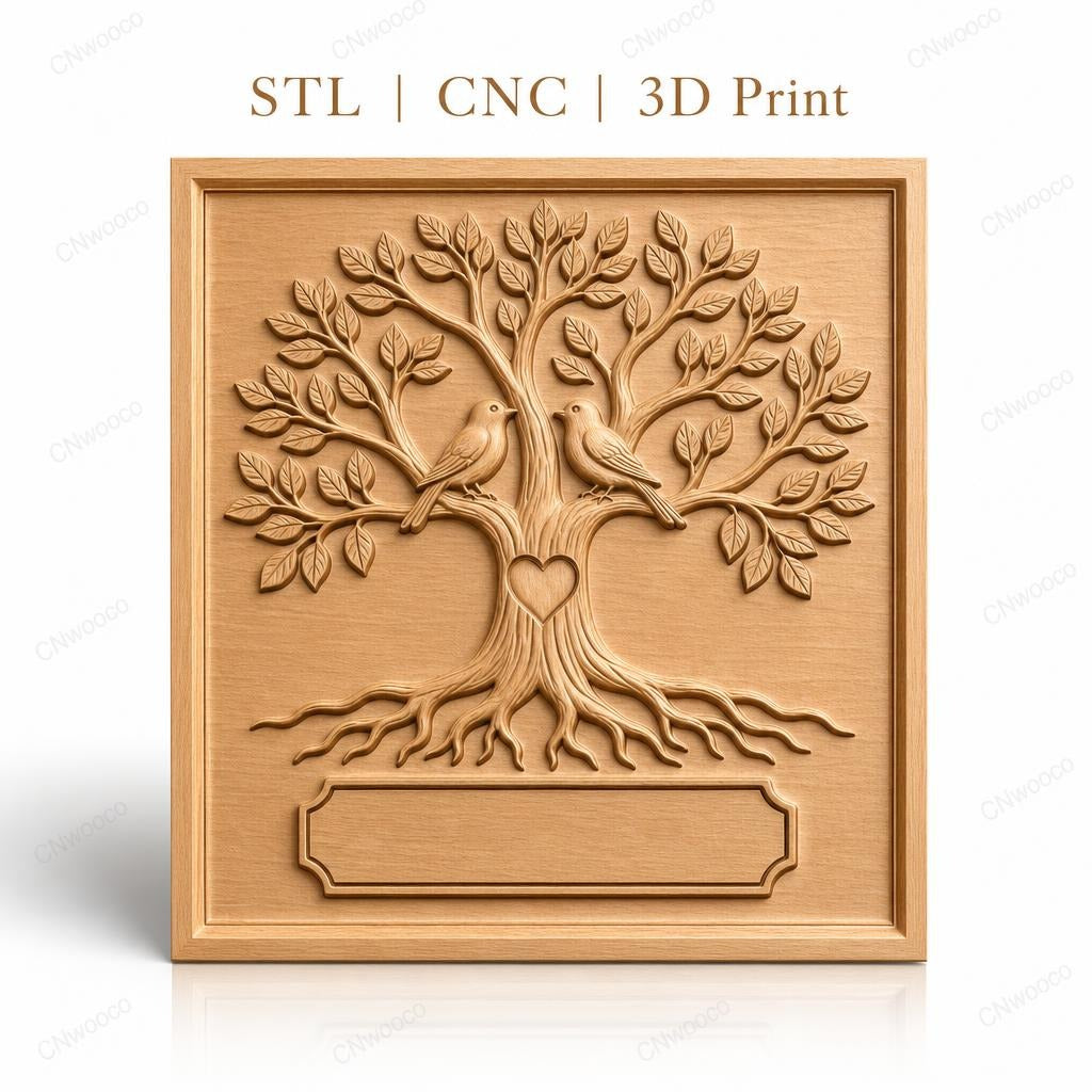 Fichier CNC & impression 3D arbre de l'amour, oiseaux sur branches avec cœur, haute qualité relief STL