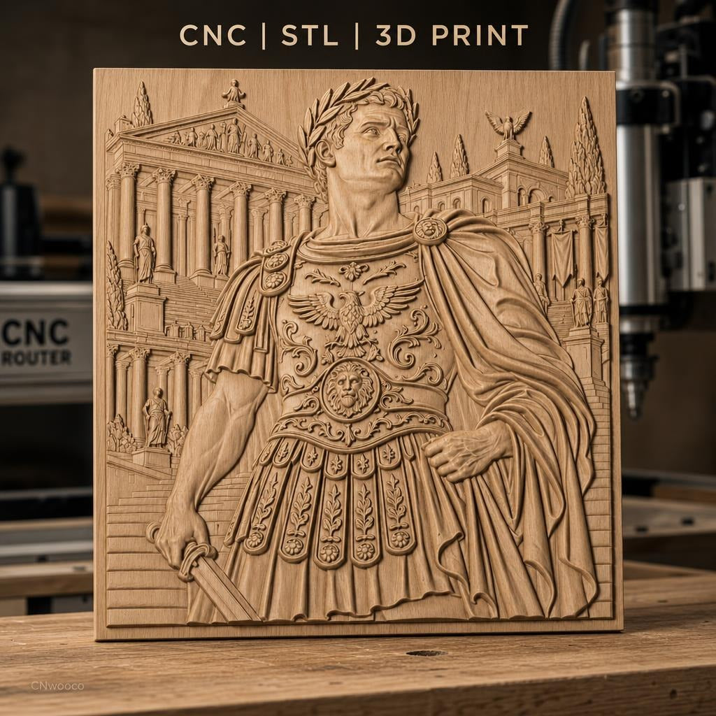 Fichier CNC & impression 3D empereur romain, détails armure et architecture antique, haute qualité relief STL
