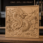Fichier CNC & impression 3D dragon chinois, montagnes, temple, nuages, haute qualité relief STL