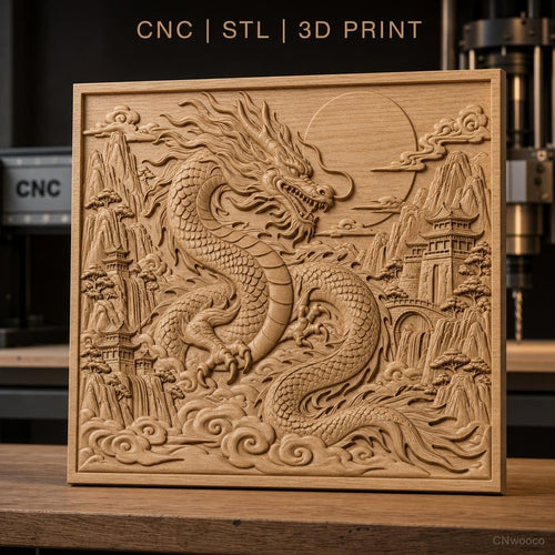 Fichier CNC & impression 3D dragon chinois, montagnes, temple, nuages, haute qualité relief STL