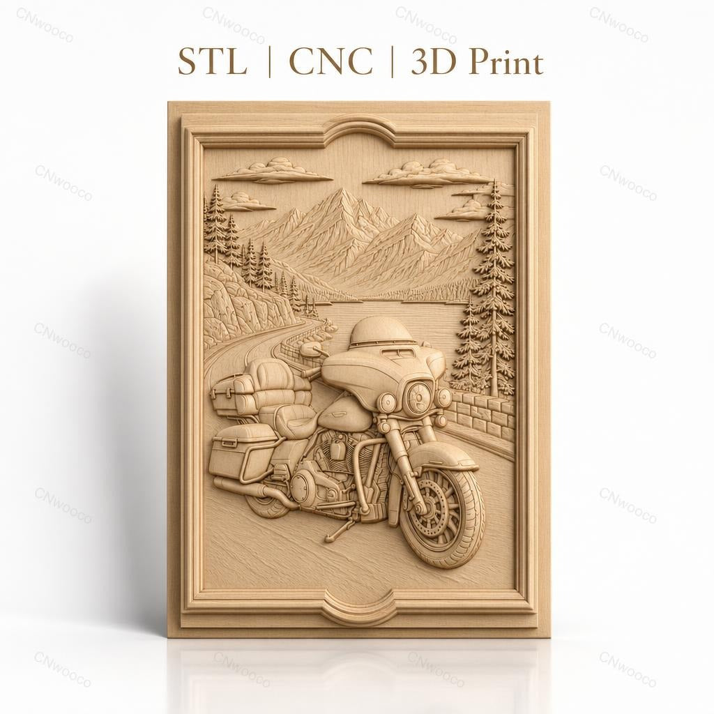 Fichier CNC & impression 3D moto routière, paysage montagne route lac cadre décoratif, haute qualité relief STL