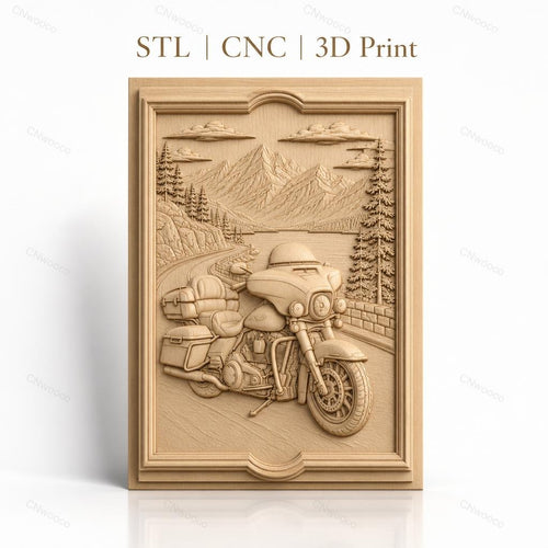 Fichier CNC & impression 3D moto routière, paysage montagne route lac cadre décoratif, haute qualité relief STL