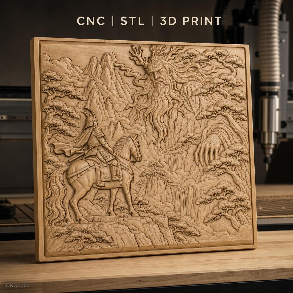 Fichier CNC & impression 3D samouraï à cheval et esprit de la nature, montagnes et cascades relief, haute qualité relief STL