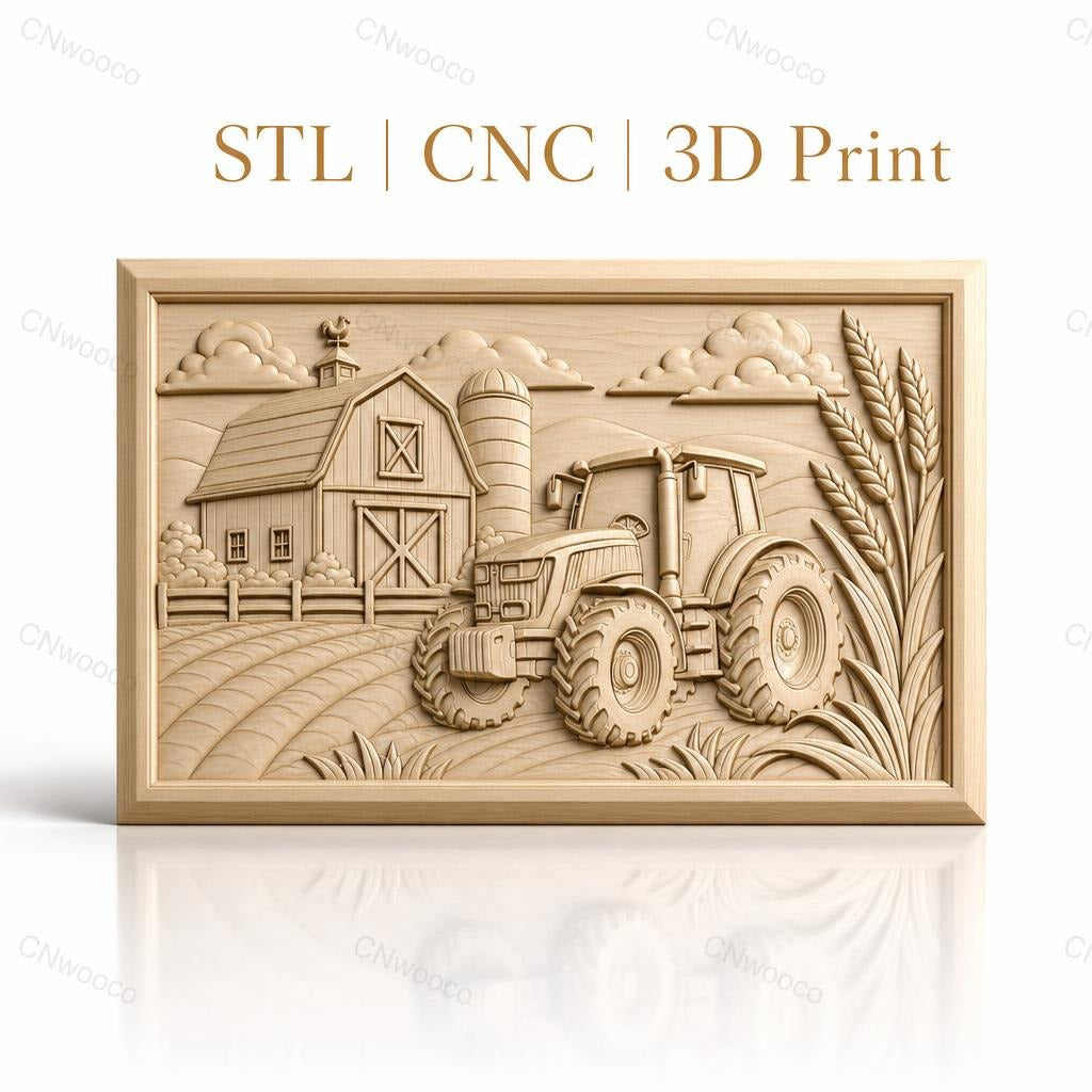 Fichier CNC & impression 3D paysage agricole, tracteur, grange, silo, épis de blé, haute qualité relief STL