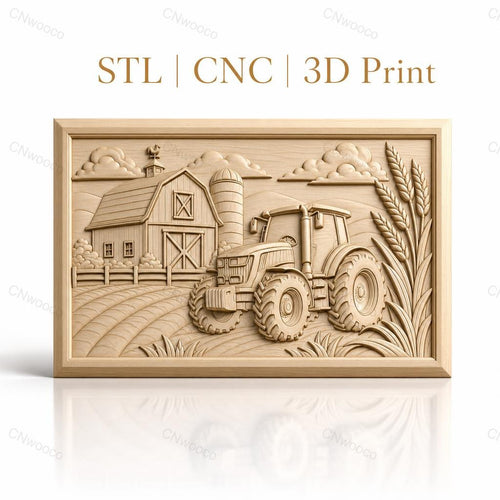 Fichier CNC & impression 3D paysage agricole, tracteur, grange, silo, épis de blé, haute qualité relief STL