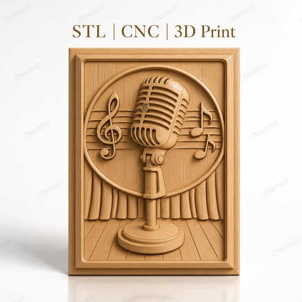Fichier CNC & impression 3D micro vintage, notes de musique et rideau scène, haute qualité relief STL