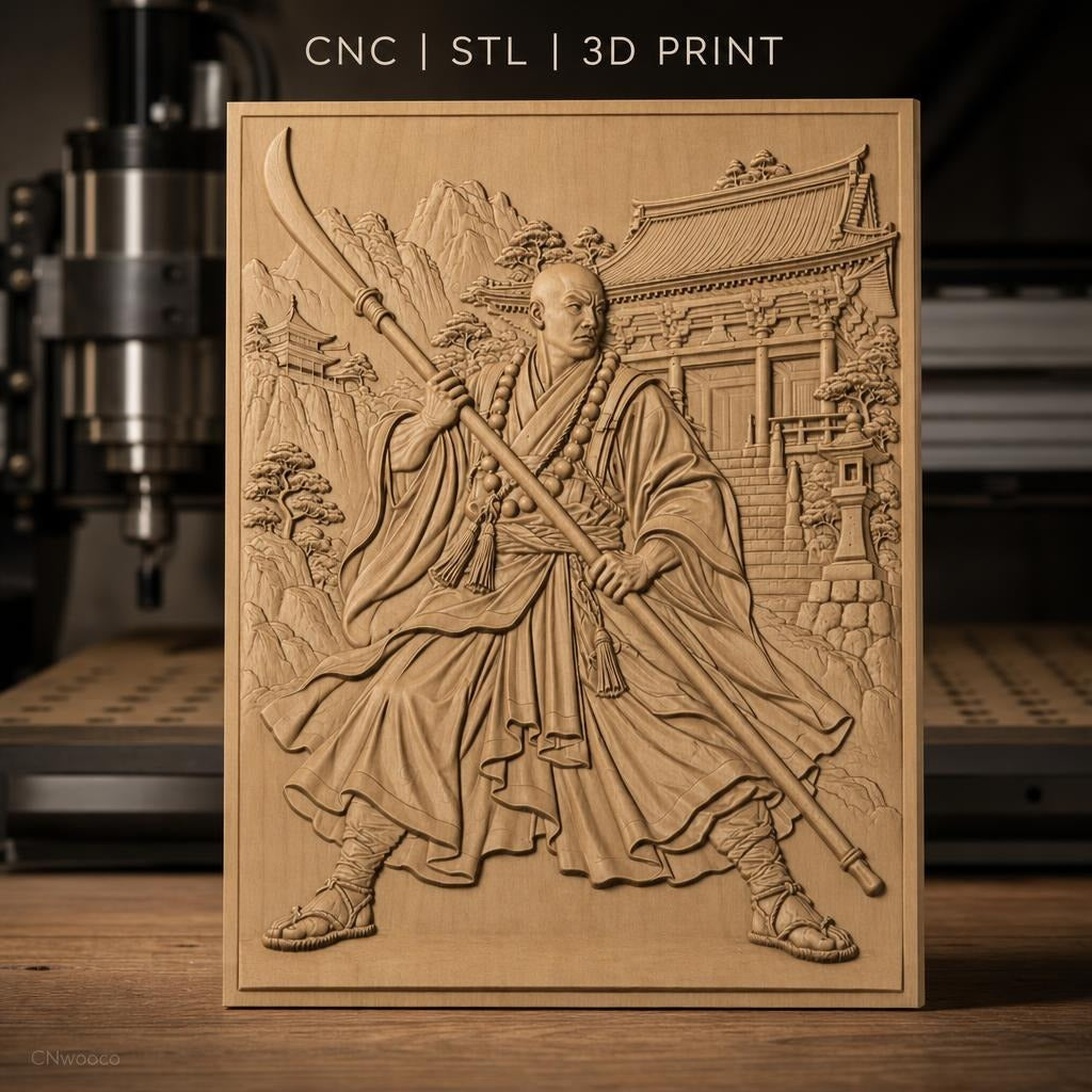 Fichier CNC & impression 3D moine guerrier chinois, bâton, temple, montagne, haute qualité relief STL