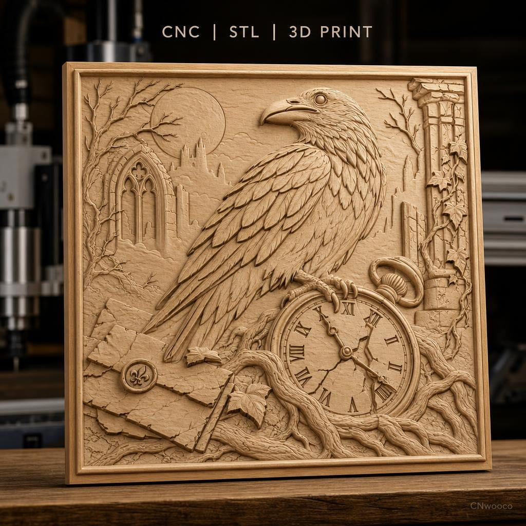 Fichier CNC & impression 3D corbeau, montre cassée, ruines gothiques, haute qualité relief STL
