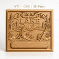 Fichier CNC & impression 3D thème lac pêche poisson canne à pêche, maison et nature, haute qualité relief STL