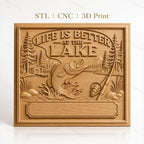 Fichier CNC & impression 3D thème lac pêche poisson canne à pêche, maison et nature, haute qualité relief STL