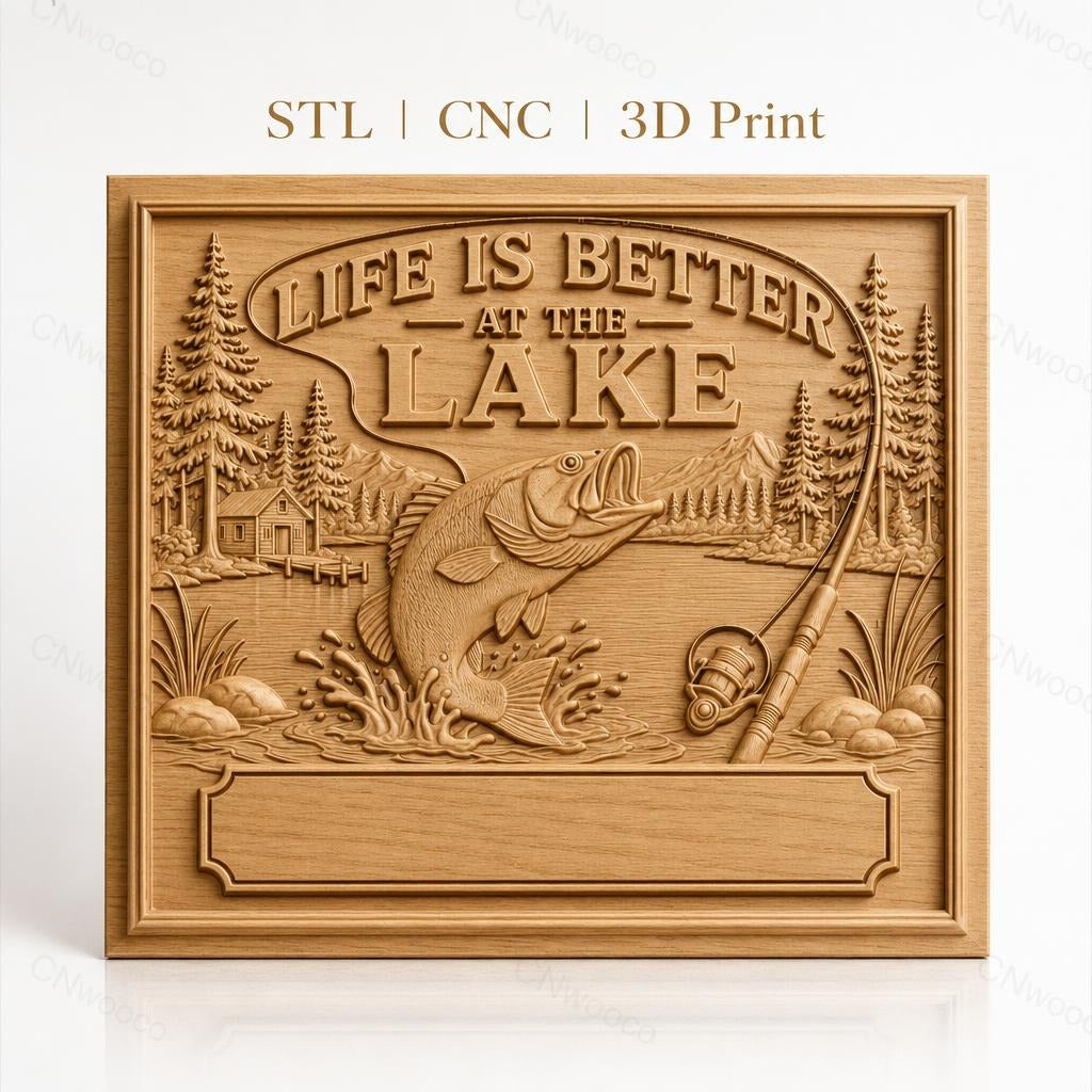 Fichier CNC & impression 3D thème lac pêche poisson canne à pêche, maison et nature, haute qualité relief STL