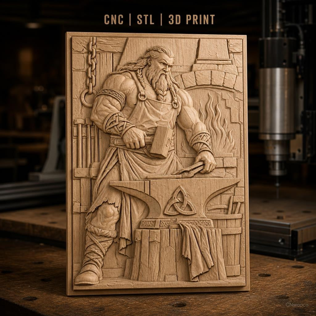 Fichier CNC & impression 3D forgeron viking avec enclume et feu, haute qualité relief STL