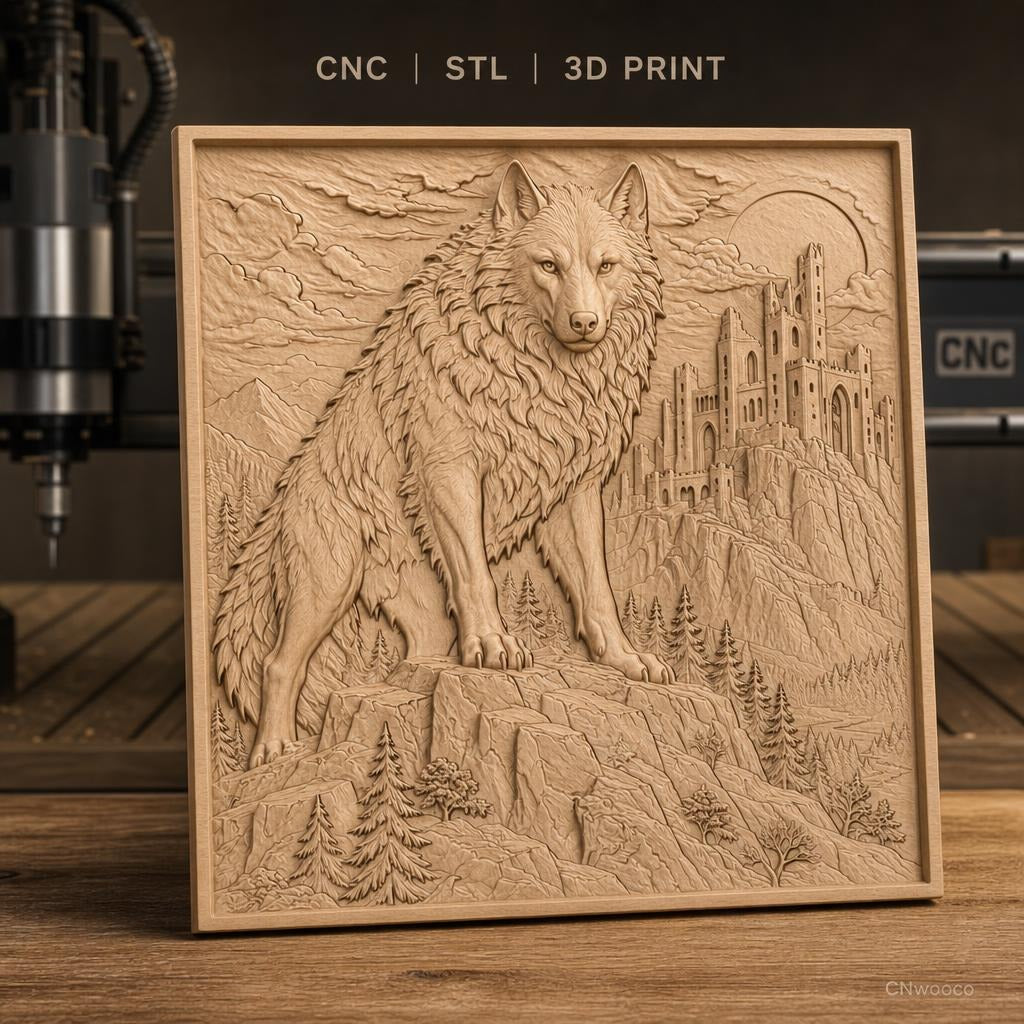 Fichier CNC & impression 3D loup sur rocher, château médiéval, forêt et montagne, haute qualité relief STL