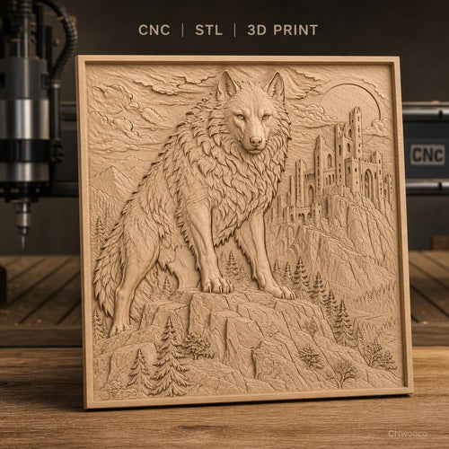 Fichier CNC & impression 3D loup sur rocher, château médiéval, forêt et montagne, haute qualité relief STL