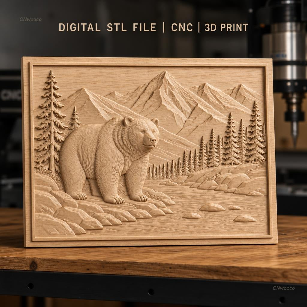 Fichier CNC & impression 3D relief ours, montagnes, rivière et pins, haute qualité relief STL