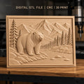 Fichier CNC & impression 3D relief ours, montagnes, rivière et pins, haute qualité relief STL