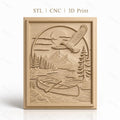 Fichier CNC & impression 3D nature sauvage, rivière, canoë, aigle et montagne, haute qualité relief STL